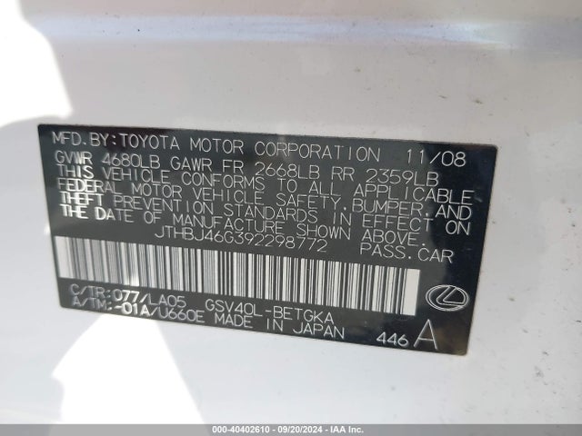 Aukcja sprzedaży 2009 Lexus Es 350, vin: JTHBJ46G392298772, numer aukcji: 40402610