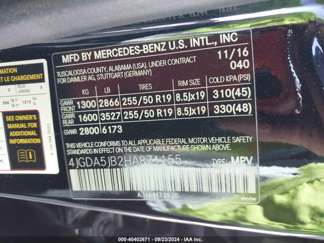 4JGDA5JB2HA871155 Mercedes-Benz GLE 350