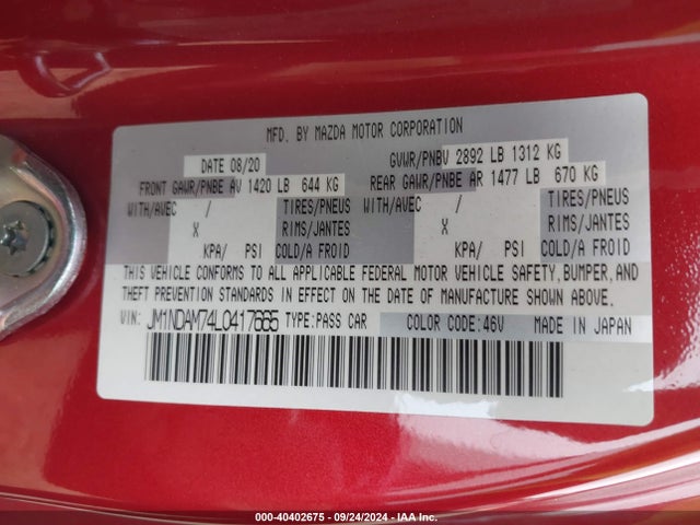JM1NDAM74L0417665 Mazda Mx-5 Miata Rf Grand Touring