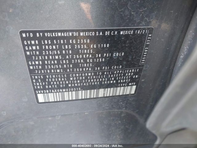 3VV3B7AX0NM020315 Volkswagen Tiguan 2.0t Se