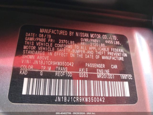 JN1BJ1CR9KW350042 Nissan Rogue Sport S