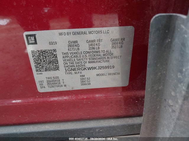 1GNERGKW9KJ259919 Chevrolet Traverse 1lt