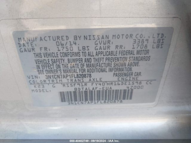 3N1CN7AP1FL820878 Nissan Versa 1.6 S