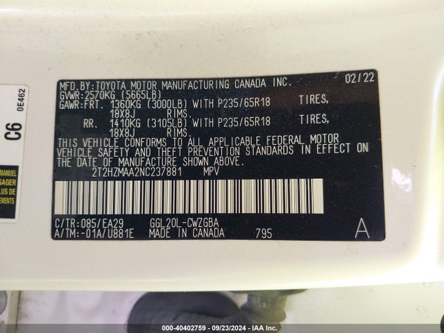 Lexus RX 350 2022 2T2HZMAA2NC237881 Image 9