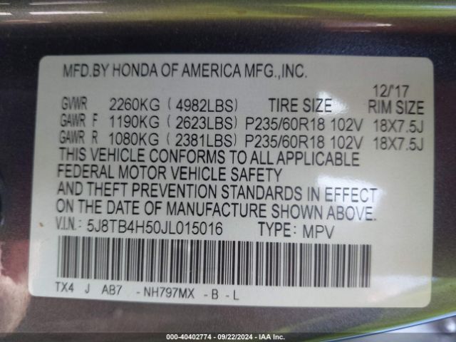 5J8TB4H50JL015016 Acura Rdx Technology   Acurawatch Plus Packages/technology Package