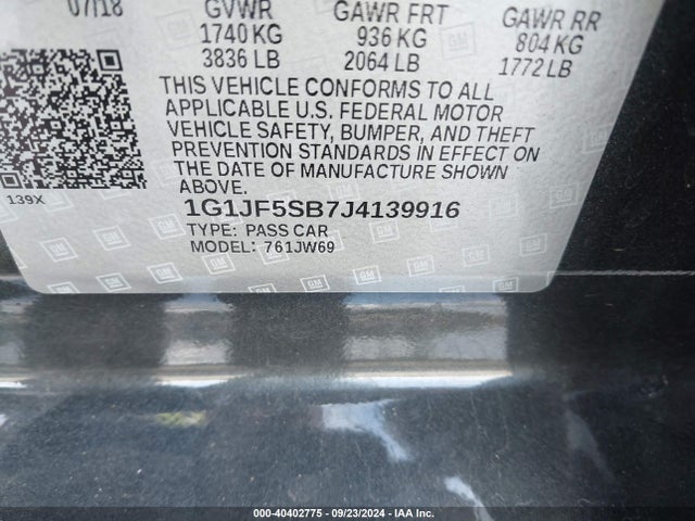 Chevrolet Sonic Premier 2018 1G1JF5SB7J4139916 Image 9