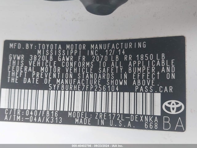 Toyota COROLLA LE 2015 5YFBURHE7FP256104 Image 9