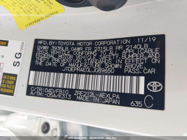 JTDEPRAE0LJ089650 Toyota COROLLA LE