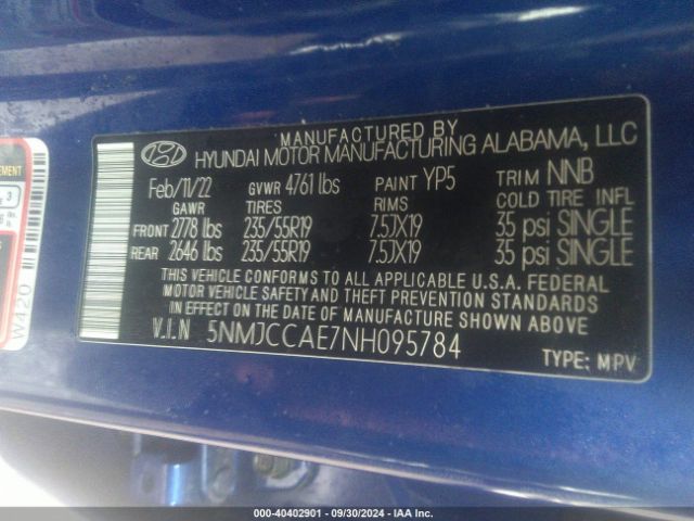 5NMJCCAE7NH095784 Hyundai TUCSON SEL