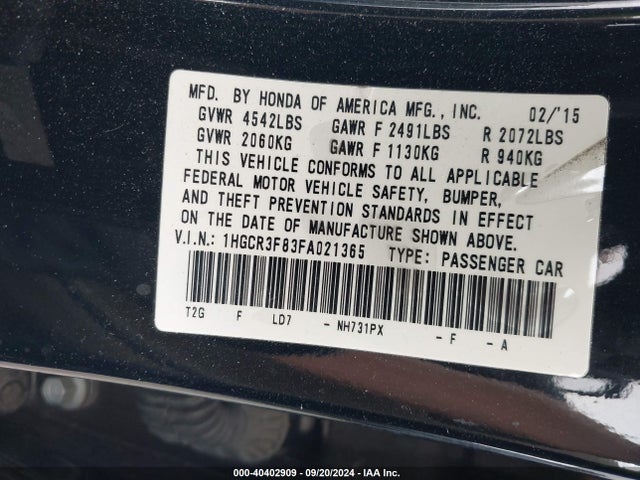 Honda Accord Ex-l V-6 2015 1HGCR3F83FA021365 Image 9