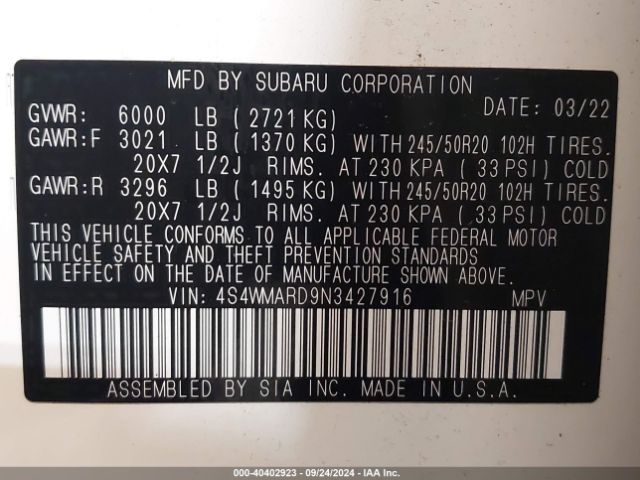 4S4WMARD9N3427916 Subaru Ascent Touring
