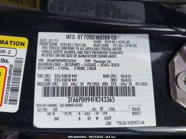 Ford FUSION SE 2015 3FA6P0H94FR243365 Image 9