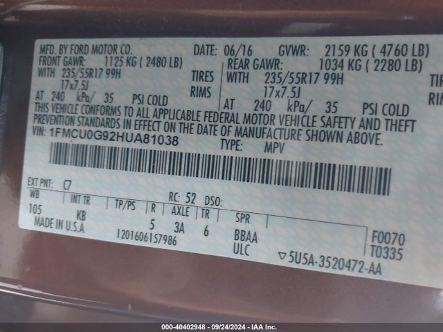 Ford ESCAPE SE 2017 1FMCU0G92HUA81038 Image 9