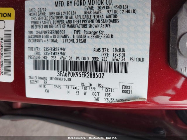 Ford Fusion Titanium 2014 3FA6P0K95ER288502 Image 9