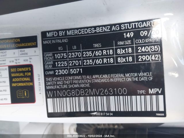 W1N0G8DB2MV263100 Mercedes-Benz Glc 300 Suv