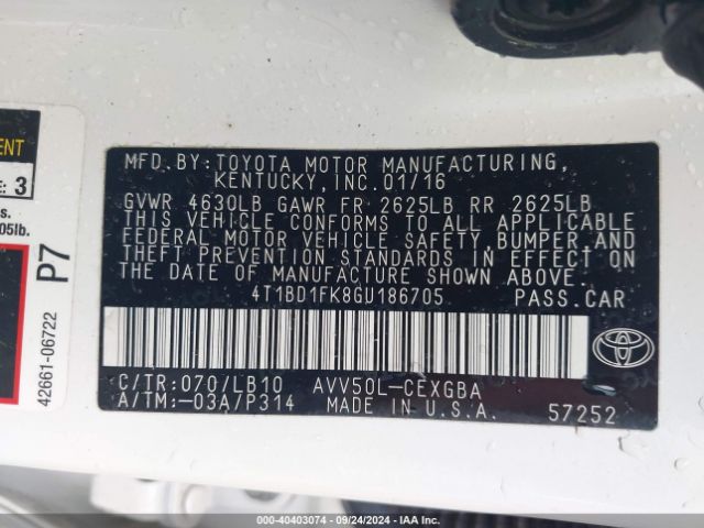 4T1BD1FK8GU186705 Toyota Camry Hybrid Xle