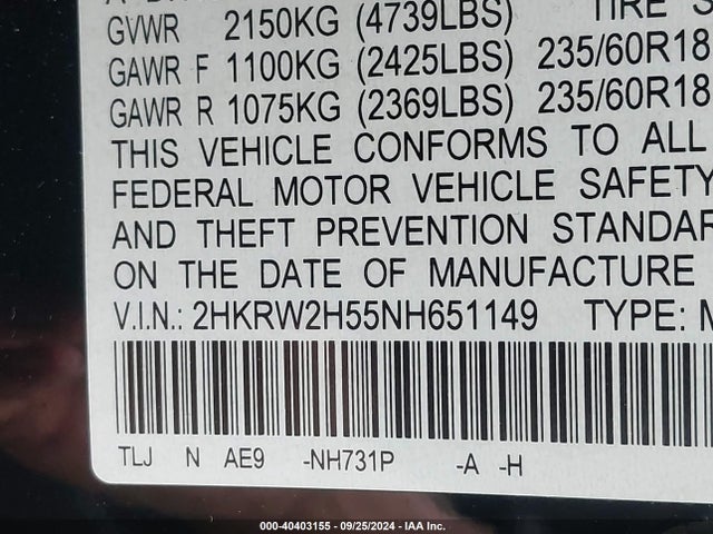 Honda Cr-v Awd Ex 2022 2HKRW2H55NH651149 Image 9