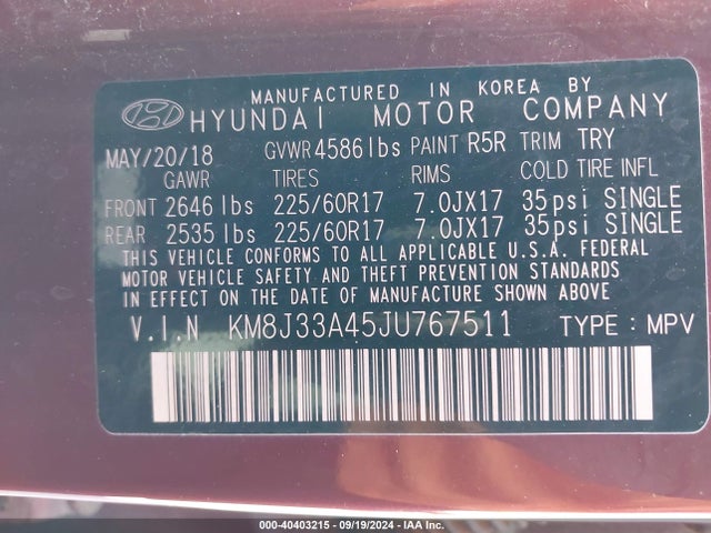 KM8J33A45JU767511 Hyundai TUCSON SEL