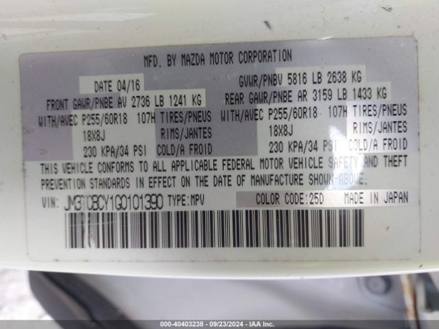 JM3TCBCY1G0101390 Mazda Cx-9 Touring