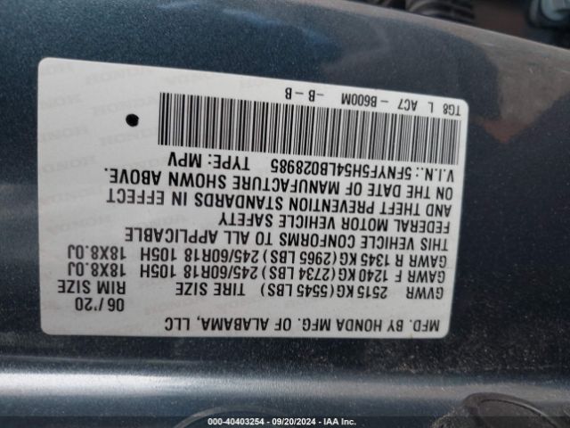 5FNYF5H54LB028985 Honda Pilot 2wd Ex-l
