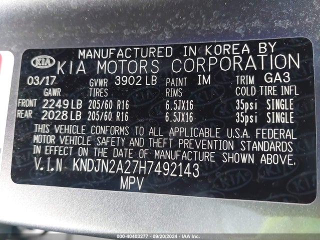 Aukcja sprzedaży 2017 Kia Soul, vin: KNDJN2A27H7492143, numer aukcji: 40403277