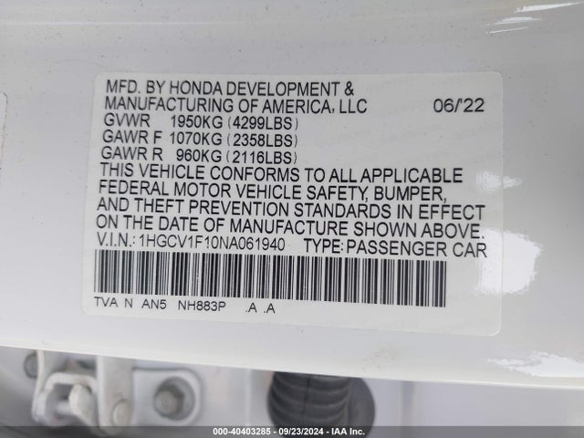 Honda ACCORD LX 2022 1HGCV1F10NA061940 Image 9