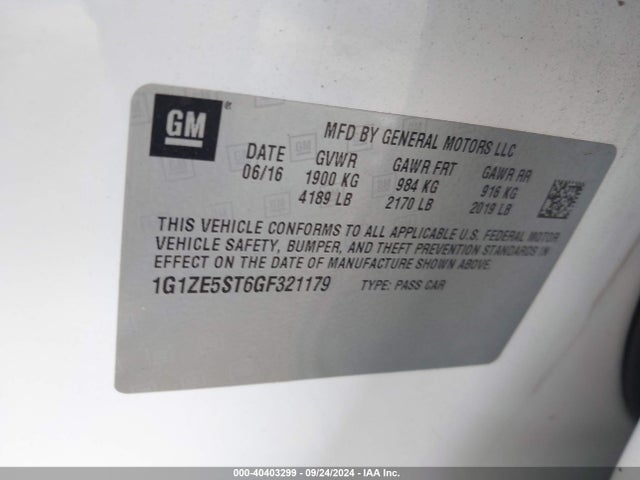 Chevrolet MALIBU 1LT 2016 1G1ZE5ST6GF321179 Image 9