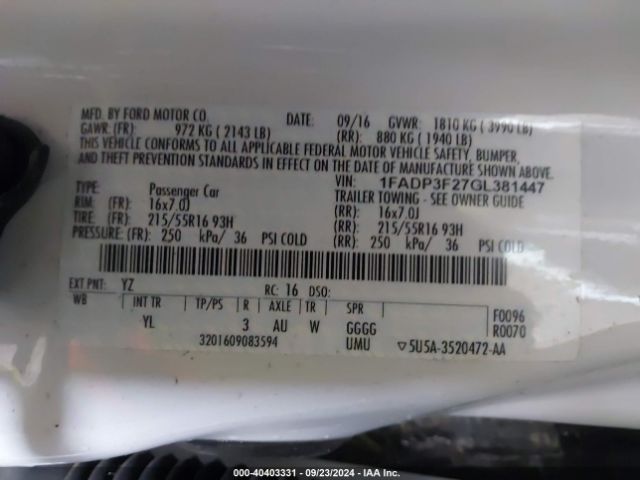 1FADP3F27GL381447 Ford FOCUS SE