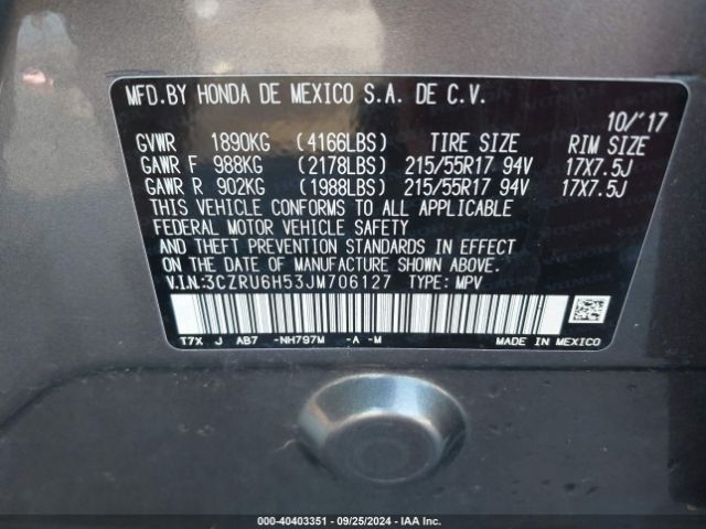 3CZRU6H53JM706127 Honda HR-V EX