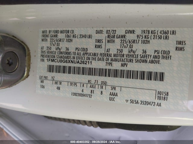 Ford ESCAPE SE 2022 1FMCU0G6XNUA26211 Image 9