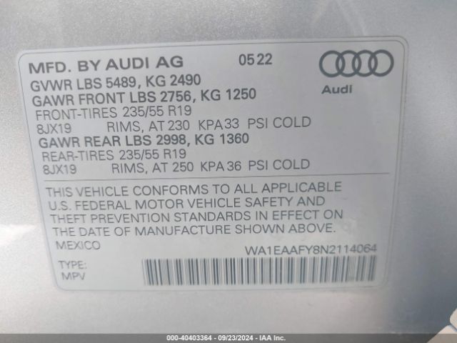 WA1EAAFY8N2114064 Audi Q5 Premium Plus 45 Tfsi S Line Quattro S Tronic