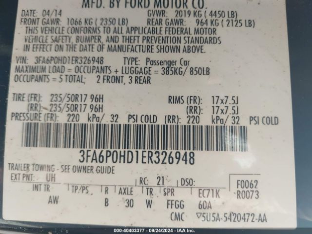 3FA6P0HD1ER326948 Ford FUSION SE