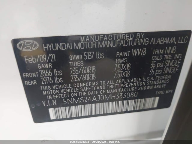 Hyundai Santa Fe Sel 2021 5NMS24AJ0MH333080 Image 9