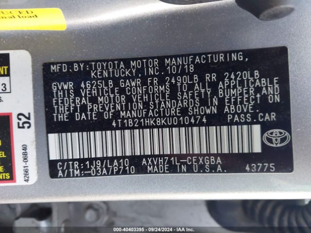 4T1B21HK8KU010474 Toyota Camry Hybrid Xle