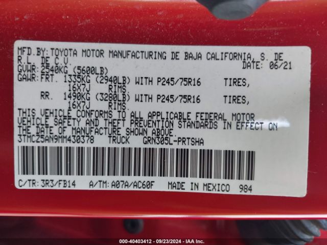 3TMCZ5AN9MM430378 Toyota Tacoma Sr V6