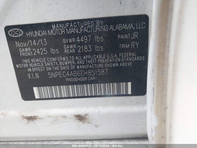 Hyundai Sonata Se 2.0t 2014 5NPEC4AB6EH851587 Image 9