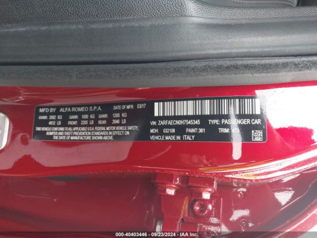 ZARFAECN0H7545345 Alfa Romeo Giulia Ti Rwd