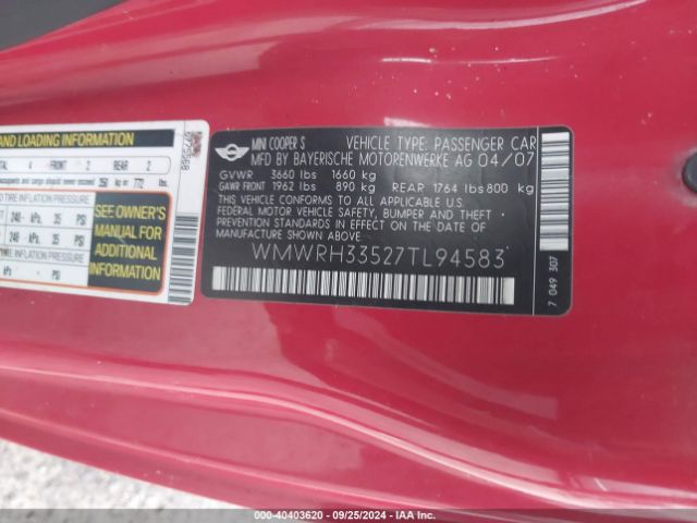 2007 MINI COOPER S WMWRH33527TL94583 Photo 8