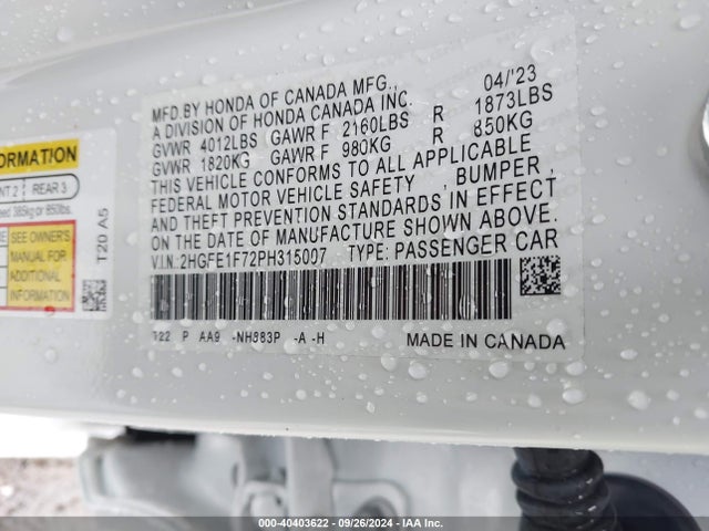 Honda Civic Ex /ex W/o Bsi 2023 2HGFE1F72PH315007 Image 9
