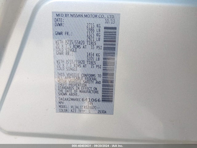 Nissan Pathfinder Platinum 2014 5N1AR2MN4EC641066 Image 9