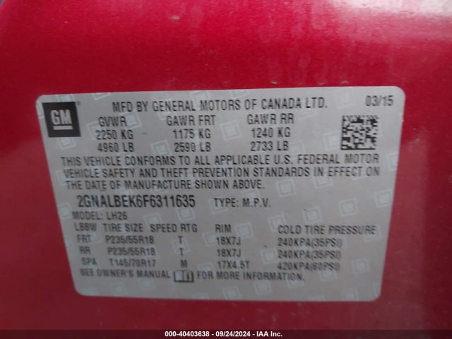 Chevrolet EQUINOX 1LT 2015 2GNALBEK6F6311635 Image 9