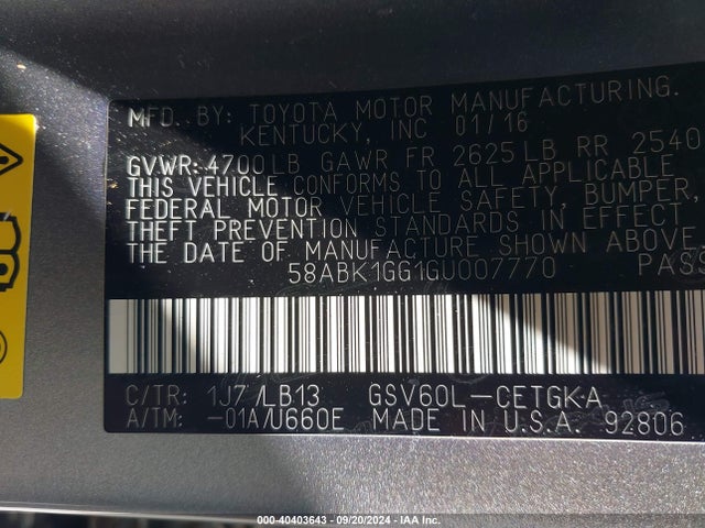58ABK1GG1GU007770 Lexus ES 350