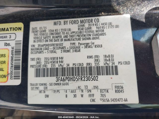 3FA6P0HD5FR230502 Ford FUSION SE