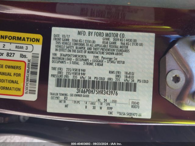 3FA6P0H75HR343976 Ford FUSION SE