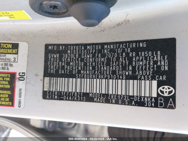 Toyota COROLLA LE 2019 5YFBURHE8KP910148 Image 9