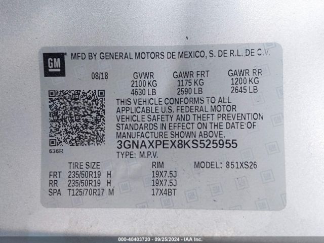 3GNAXPEX8KS525955 Chevrolet Equinox Premier