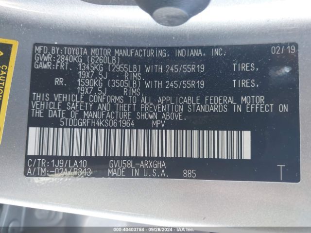 5TDDGRFH4KS061964 Toyota Highlander Hybrid Limited Platinum