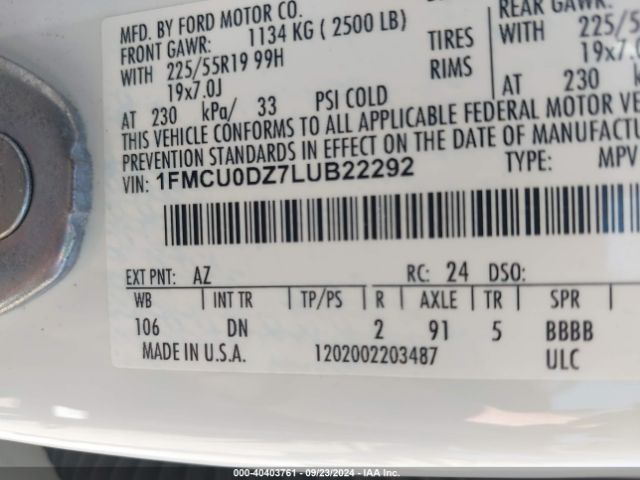 1FMCU0DZ7LUB22292 Ford Escape Titanium Hybrid