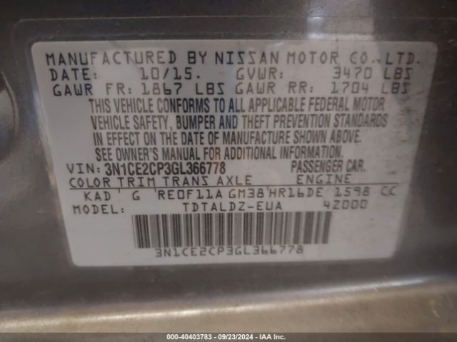 3N1CE2CP3GL366778 Nissan Versa Note S (sr)/s Plus/sl/sr/sv