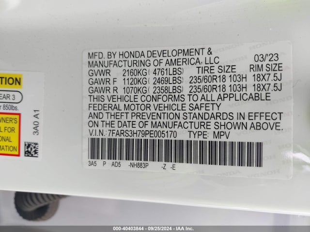 Honda Cr-v Ex-l 2wd 2023 7FARS3H79PE005170 Image 9